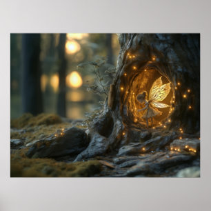 Whimsikales Bild einer Fee im Höhlen eines Baumes Poster