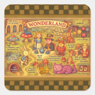 Whimsikalische Alice Abenteuer in Wonderland Karte Quadratischer Aufkleber