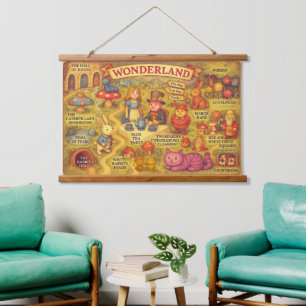 Whimsikalische Alice Abenteuer in Wonderland Karte Wandteppich Mit Holzrahmen