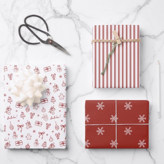 Whimsikalische handgezeichnete Doodle Rot Geschenkpapier Set (Vorderseite)