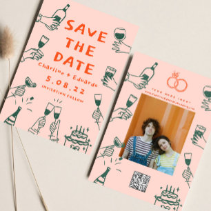 Whimsikalische handgezeichnete funky retro zeitgen save the date