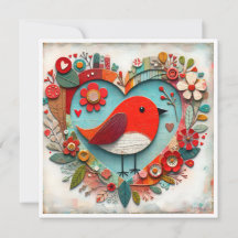 Whimsikalische Mixed-Media Red Robin Bird Heart