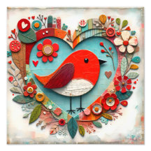 Whimsikalische Mixed-Media Red Robin Bird Heart