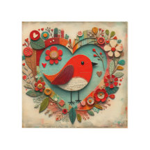 Whimsikalische Mixed-Media Red Robin Bird Heart