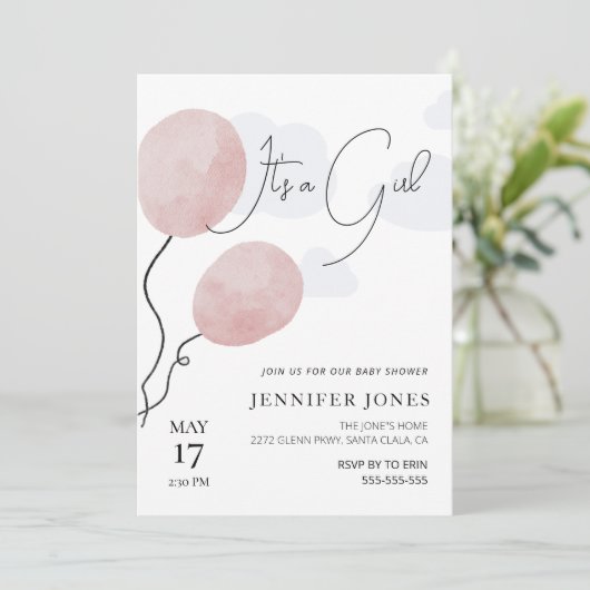 Whimsikalrosa Ballon ist ein Mädchen Einladung (Stehend Vorderseite)