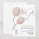 Whimsikalrosa Ballon ist ein Mädchen Einladung (Vorne/Hinten)