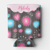 Whimsikalrosa blaue Herzen und Blume Blumenname Dosenkühler (Rückseite)