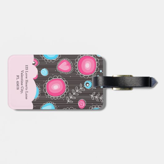 Whimsikalrosa blaue Herzen und Blume Blumenname Gepäckanhänger (Rückseite horizontal)