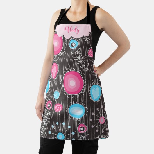 Whimsikalrosa blaue Herzen und Blume Blumenname Schürze (InSitu)