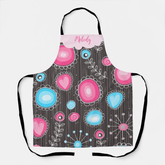 Whimsikalrosa blaue Herzen und Blume Blumenname Schürze (Vorderseite)