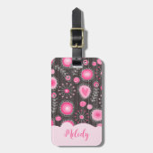 Whimsikalrosa graue Herzen und Blume Blumenname Gepäckanhänger (Vorderseite vertikal)
