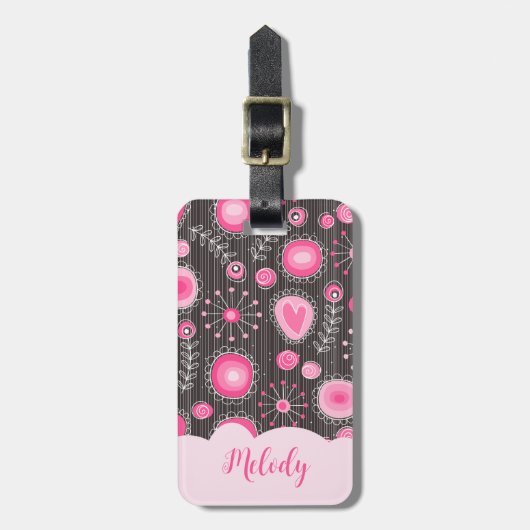 Whimsikalrosa graue Herzen und Blume Blumenname Gepäckanhänger (Vorderseite vertikal)