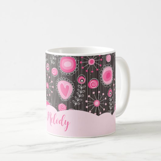 Whimsikalrosa graue Herzen und Blume Blumenname Kaffeetasse (VorderseiteRechts)