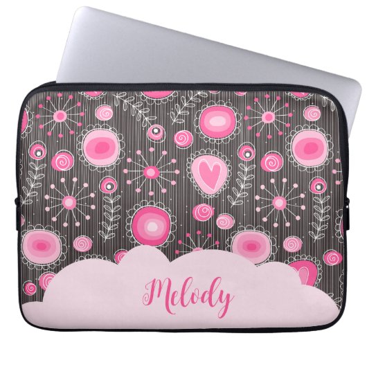 Whimsikalrosa graue Herzen und Blume Blumenname Laptopschutzhülle (Vorderseite)
