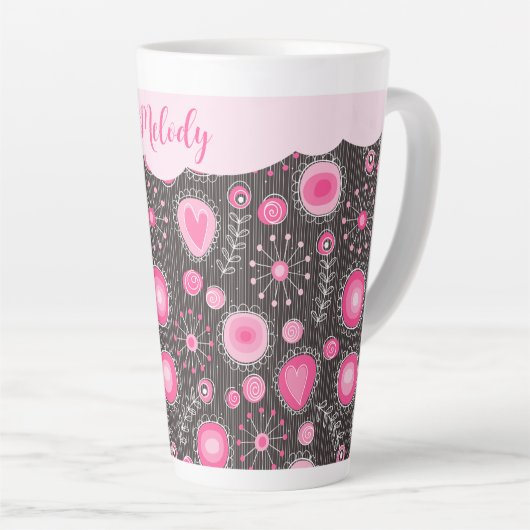 Whimsikalrosa graue Herzen und Blume Blumenname Milchtasse (Rechte Ecke)