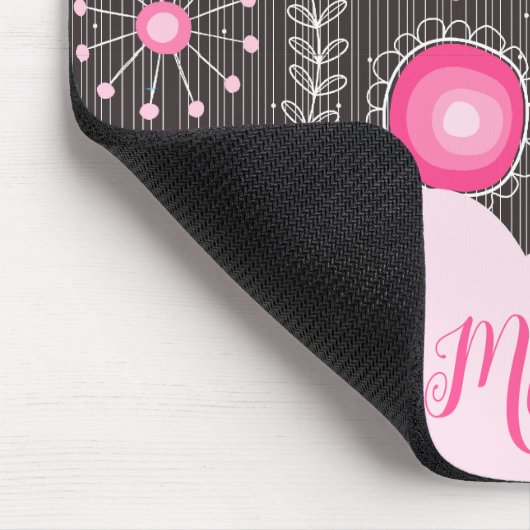 Whimsikalrosa graue Herzen und Blume Blumenname Mousepad (Ecke)