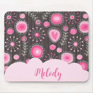 Whimsikalrosa graue Herzen und Blume Blumenname Mousepad