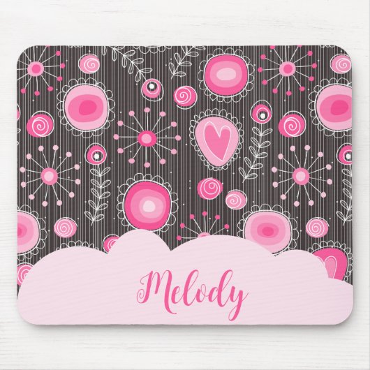 Whimsikalrosa graue Herzen und Blume Blumenname Mousepad (Vorne)