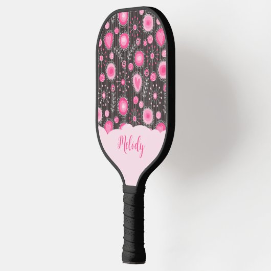 Whimsikalrosa graue Herzen und Blume Blumenname Pickleball Schläger (Links)
