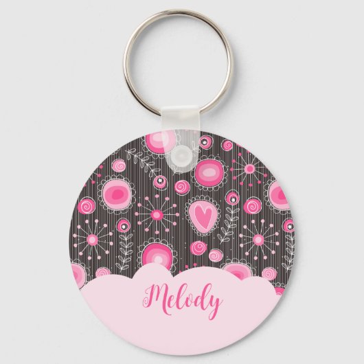 Whimsikalrosa graue Herzen und Blume Blumenname Schlüsselanhänger (Vorderseite)