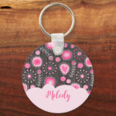 Whimsikalrosa graue Herzen und Blume Blumenname Schlüsselanhänger (Vorderseite)