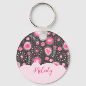 Whimsikalrosa graue Herzen und Blume Blumenname Schlüsselanhänger (Rückseite)