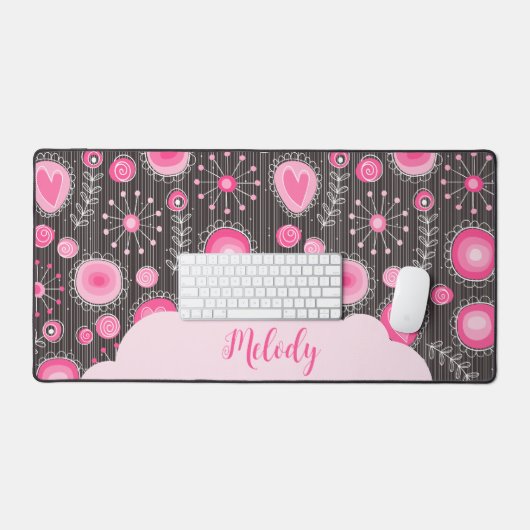 Whimsikalrosa graue Herzen und Blume Blumenname Schreibtischunterlage (Tastatur & Maus)