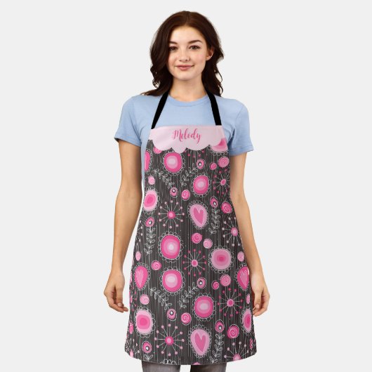 Whimsikalrosa graue Herzen und Blume Blumenname Schürze (Getragen)