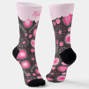 Whimsikalrosa graue Herzen und Blume Blumenname Socken