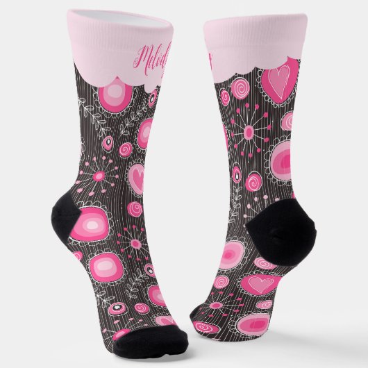 Whimsikalrosa graue Herzen und Blume Blumenname Socken (Gewinkelt)