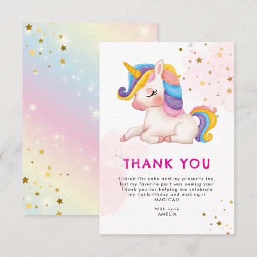 Whimsikalrosa Regenbogen einhorn 1. Geburtstag Par Dankeskarte (Vorne/Hinten)