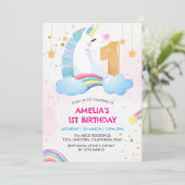 Whimsikalrosa Regenbogen einhorn 1. Geburtstag Par Einladung (Stehend Vorderseite)