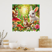 Whimsikalwaldszene mit Kaninchen, Eichhörnchen Poster (Küche)