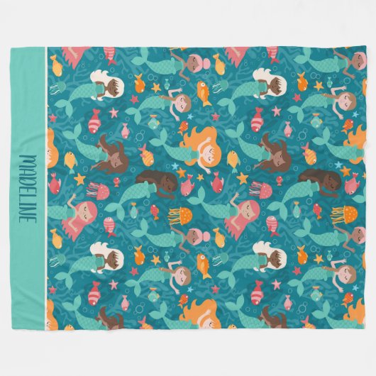 Whimsikäre Meerjungfrauen Aquamarin Fleecedecke (Vorderseite (Horizontal))