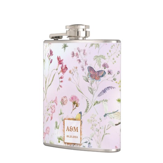 Whimsikäre Wildblume Hochzeit Vinyl Wrapped Flask Flachmann (Links)