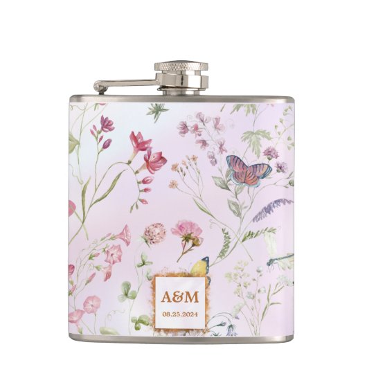 Whimsikäre Wildblume Hochzeit Vinyl Wrapped Flask Flachmann (Vorderseite)