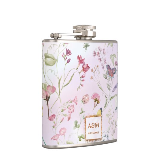 Whimsikäre Wildblume Hochzeit Vinyl Wrapped Flask Flachmann (Rechts)
