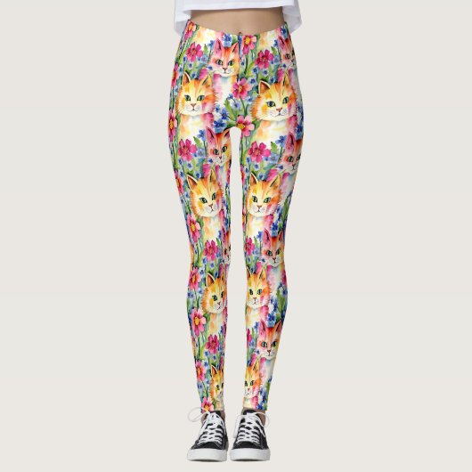 Whimsikfarbene Blume und Katzen farbig Leggings (Vorderseite)