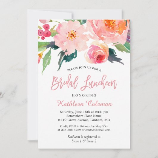 Whimsikfarbene Flora Moderne Bridal Luncheon Einladung (Vorderseite)
