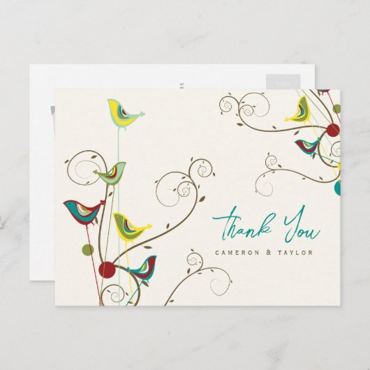 Whimsikfarbene Vögel und Wirbel Sommerhochzeit Postkarte (Vorne/Hinten)