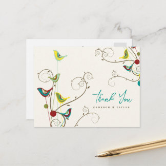 Whimsikfarbene Vögel und Wirbel Sommerhochzeit Postkarte
