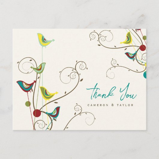 Whimsikfarbene Vögel und Wirbel Sommerhochzeit Postkarte (Vorderseite)