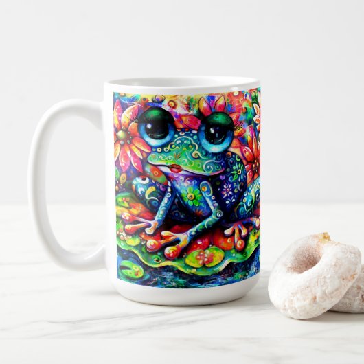 Whimsikfarbener Blütenfrosch auf Lily Pad Kaffeetasse (Mit Donut)