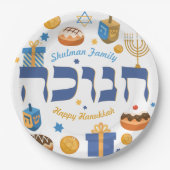 Whimsikhebräisch Hanukkah Dreidel Menorah & Donuts Pappteller (Vorderseite)
