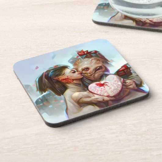 Whimsikische Alien Romance Getränkeuntersetzer (Linke Seite)