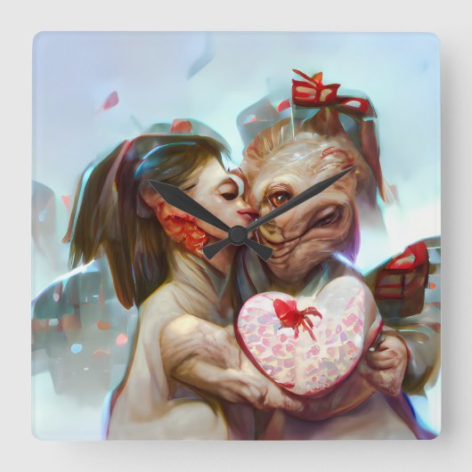 Whimsikische Alien Romance Quadratische Wanduhr (Vorderseite)
