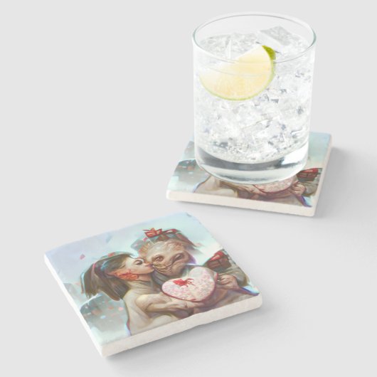 Whimsikische Alien Romance Steinuntersetzer (Seitenansicht)