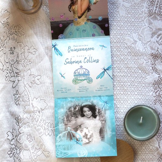 Whimsikische Glitzern Türkis Dragonfly Quinceañera Dreifach Gefaltete Urlaubskarte