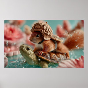 Whimsikisches Eichhörnchen Reiten einer Schildkröt Poster