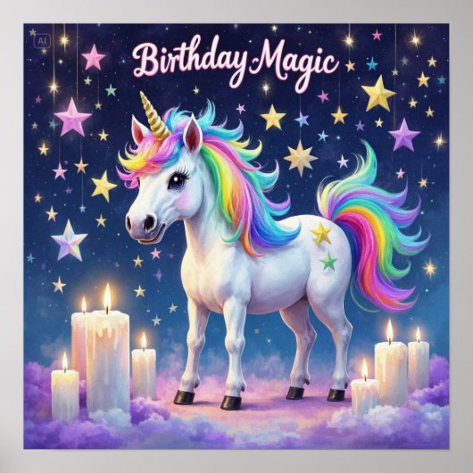 Whimsikisches Einhorn mit Regenbogen Birthday Magi Poster (Vorne)